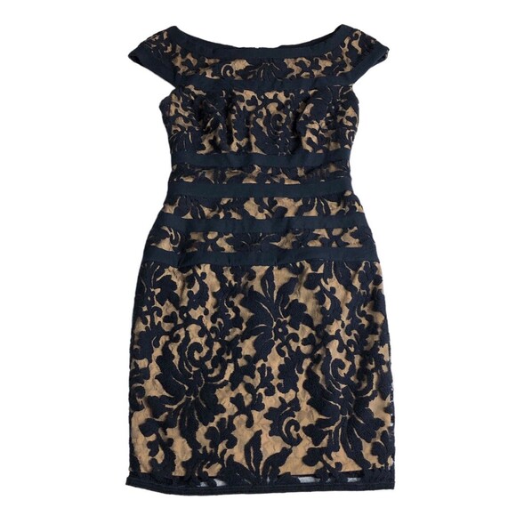 Tadashi Shoji Dress Womens 4 Navy Tan Floral Lace Overlay Banded Sheath 3K915M - Picture 1 of 16